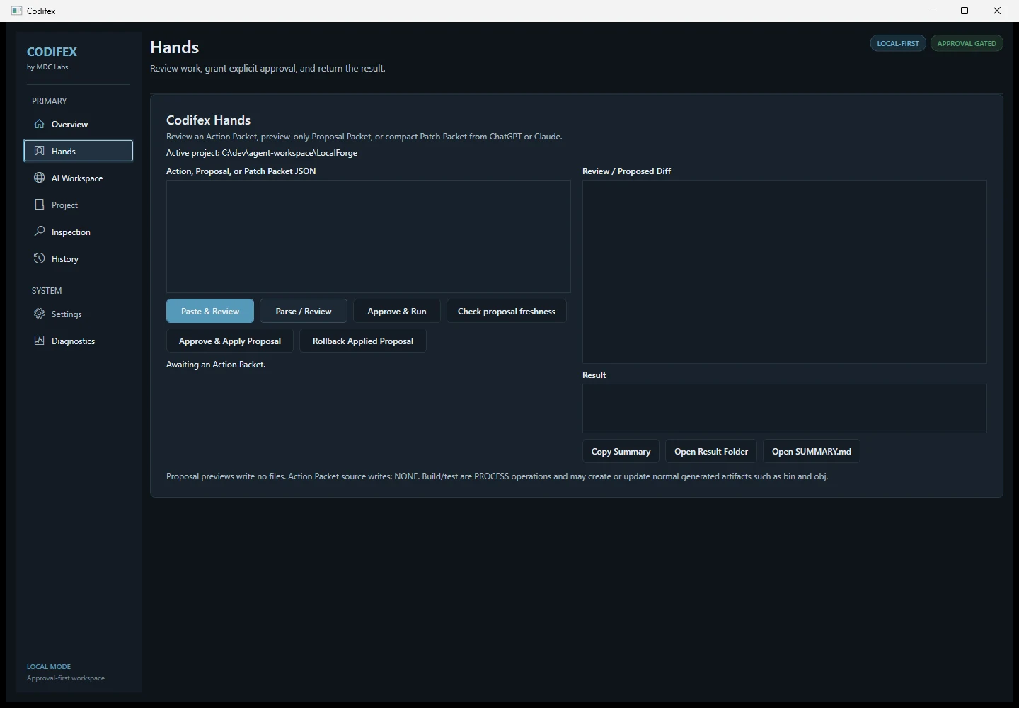 Codifex Hands screen, where a proposed action or patch packet is reviewed before it can run.