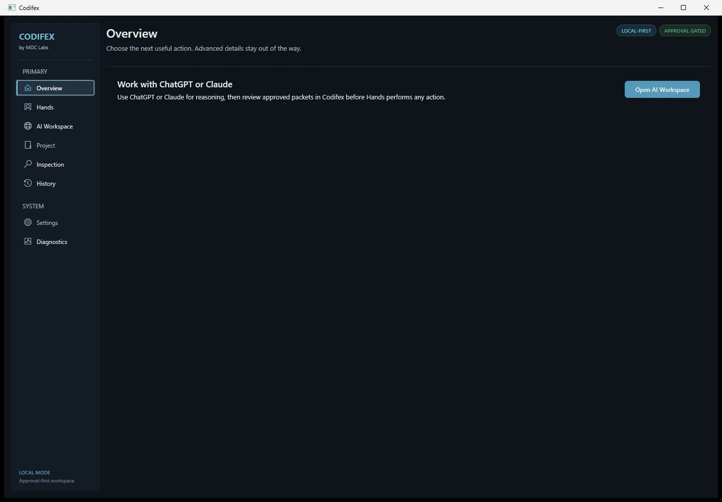 Codifex overview screen, prompting you to work with ChatGPT or Claude and review the results in Codifex before anything runs.